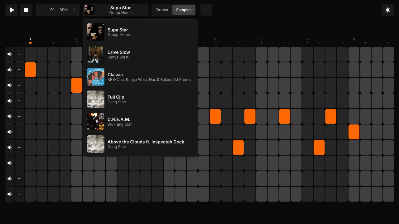 The sample picker, listing classic hip-hop tracks with album artwork