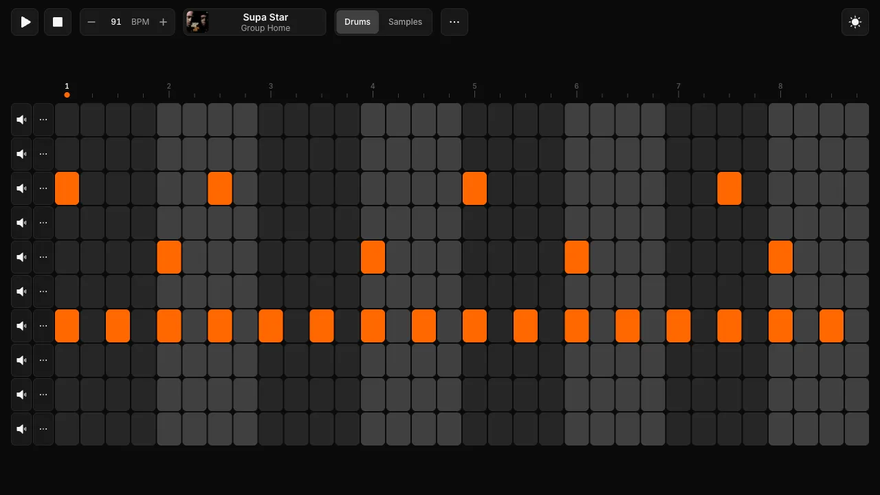 The Boom Bap step sequencer, showing a drum pattern programmed across an 8-bar grid