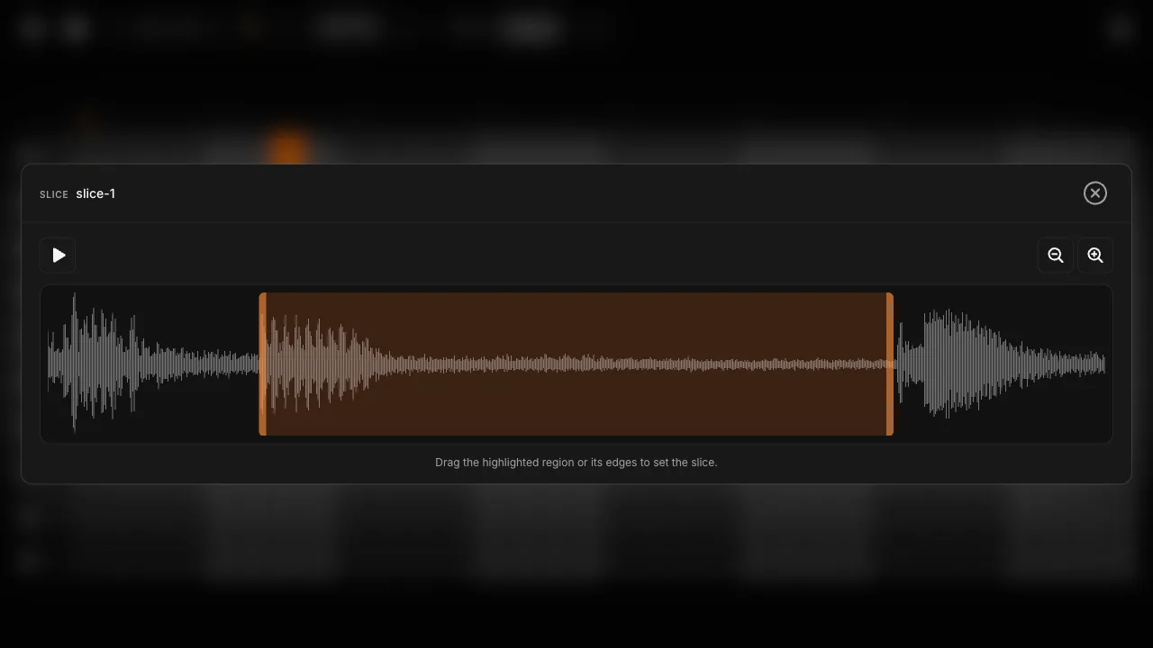 The slice editor, with a highlighted region selected on a sample's waveform