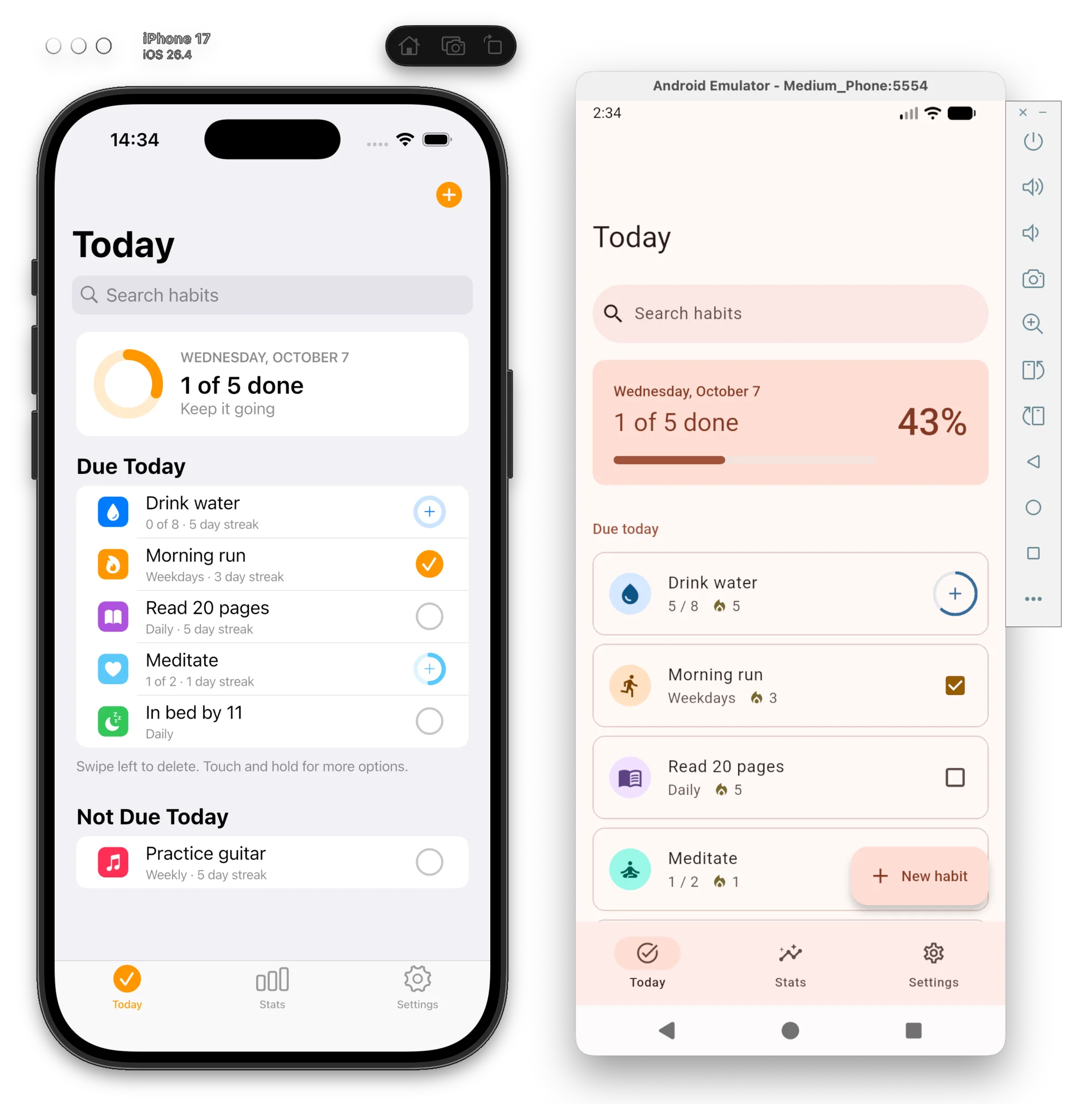 The same habit tracker app side by side: Cupertino widgets on an iPhone simulator and Material widgets on an Android emulator
