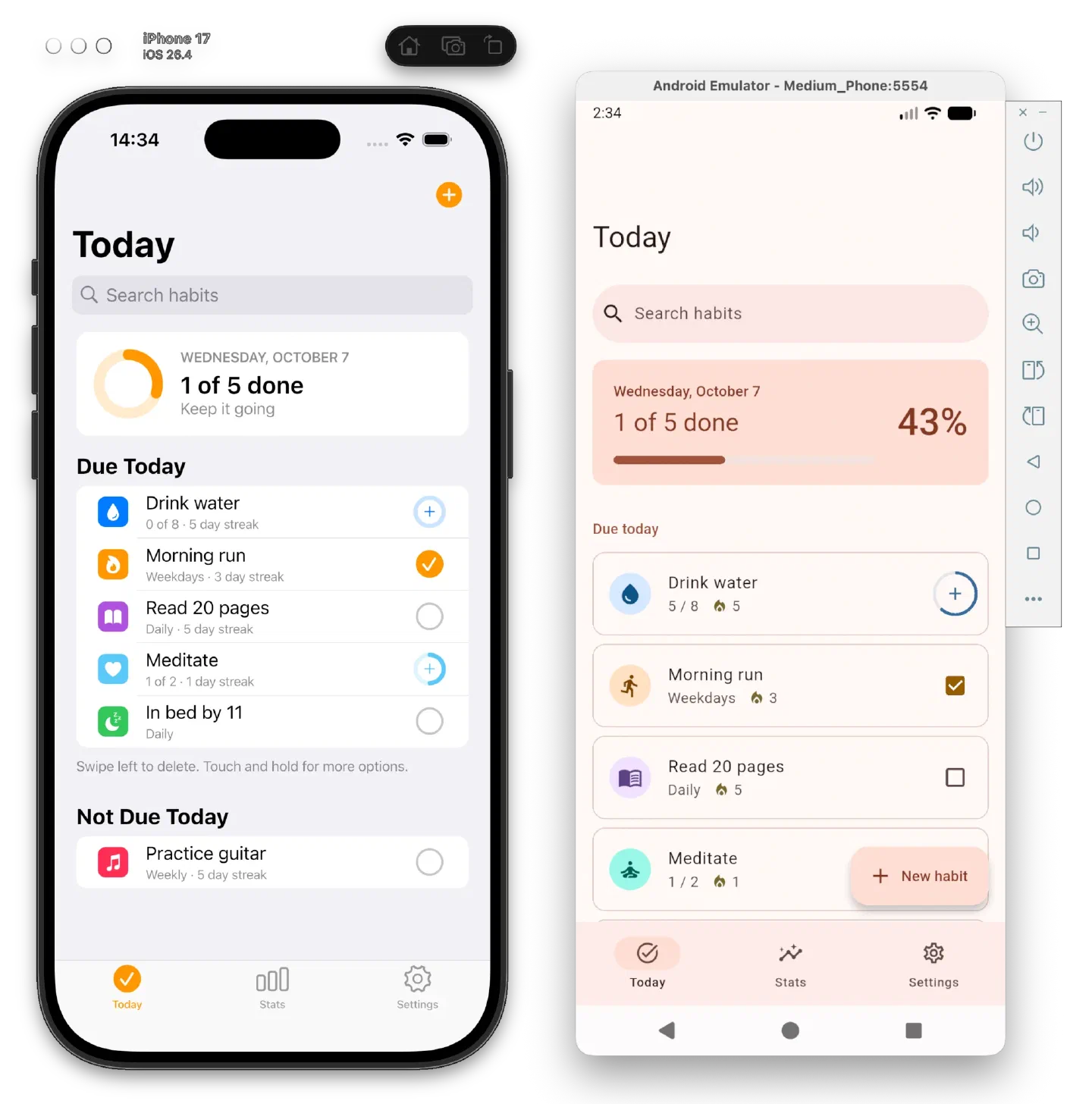 The same habit tracker app side by side: Cupertino widgets on an iPhone simulator and Material widgets on an Android emulator
