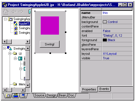 Borland JBuilder designer with an applet and its property sheet
