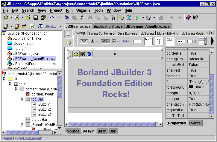 Borland JBuilder 3 designer showing a Swing frame, component tree and properties