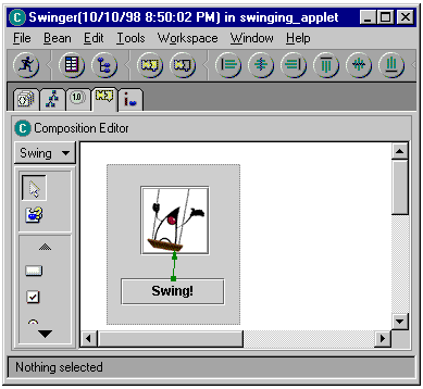 IBM VisualAge for Java Composition Editor connecting a button bean to an image bean