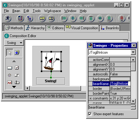 IBM VisualAge for Java property sheet for a selected bean
