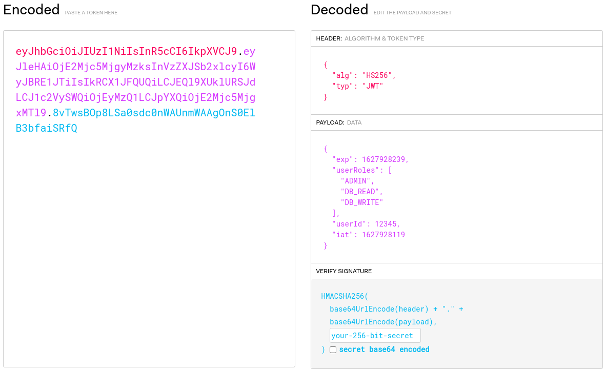 Screenshot of jwt.io showing an encoded token and its decoded header and payload