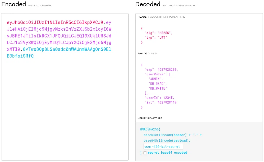 Screenshot of jwt.io showing an encoded token and its decoded header and payload